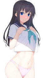 Rule 34 | 1girl, bare hips, black hair, blue eyes, blue neckerchief, blue sailor collar, blush, breasts, closed mouth, commentary request, cowboy shot, hands on own chest, highres, long hair, medium breasts, navel, neckerchief, nervous smile, no bra, no pants, nose blush, original, panties, pink panties, raitho, sailor collar, school uniform, serafuku, shirt, short sleeves, sidelocks, simple background, smile, solo, stomach, underwear, very long hair, white background, white shirt