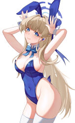 Rule 34 | 1girl, absurdres, animal ears, armpits, arms up, bare arms, bare shoulders, blonde hair, blue archive, blue bow, blue bowtie, blue eyes, blue leotard, bow, bowtie, breasts, cleavage, commentary request, covered navel, cowboy shot, detached collar, ederh, fake animal ears, groin, highres, large breasts, leotard, long hair, looking at viewer, rabbit ears, simple background, smile, solo, standing, strapless, strapless leotard, thighhighs, thighs, toki (blue archive), very long hair, white background, white thighhighs