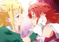 Rule 34 | 2girls, asoka, blonde hair, closed eyes, dated, detached sleeves, dress, green dress, hair ribbon, hand on another&#039;s arm, hand on another&#039;s face, izetta, long hair, long sleeves, looking at another, multiple girls, ortfine fredericka von eylstadt, purple eyes, red hair, ribbon, short hair, shuumatsu no izetta, signature, smile, yellow ribbon, yuri