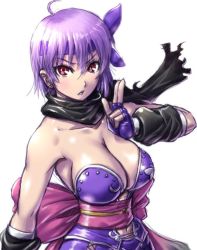Rule 34 | 1girl, amania orz, ayane (doa), bare shoulders, bow, breasts, cleavage, dead or alive, dress, fingerless gloves, gloves, headband, kuji-in, large bow, large breasts, looking at viewer, navel, ninja gaiden, purple hair, red eyes, scarf, shiny skin, short hair, sleeveless, sleeveless dress, solo, strapless, strapless dress, tecmo, white background