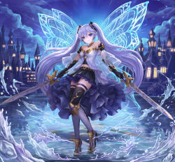 Rule 34 | 1girl, black thighhighs, blue eyes, blue hair, boots, butterfly wings, dual wielding, elbow gloves, full body, gloves, hatsune miku, head tilt, high heel boots, high heels, highres, holding, holding sword, holding weapon, insect wings, jewelry, long hair, lunacle, necklace, night, outdoors, pointy ears, skirt, solo, sword, thighhighs, thighs, twintails, very long hair, vocaloid, water, weapon, wings
