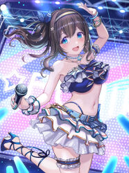 Rule 34 | 1girl, ankle strap, arm up, armpits, bare shoulders, black hair, blue eyes, blue ribbon, blush, breasts, collarbone, crop top, glowstick, green nails, hair between eyes, hair ornament, hairband, high heels, highres, holding, holding microphone, idolmaster, idolmaster cinderella girls, idolmaster cinderella girls starlight stage, jewelry, large breasts, layered skirt, long hair, looking away, microphone, midriff, multiple bracelets, multiple necklaces, navel, open mouth, ribbon, sagisawa fumika, screen, skirt, smile, solo, stage, stage lights, standing, standing on one leg, star (symbol), star hair ornament, thigh strap, tuna picture, white wristband
