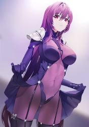 Rule 34 | 1girl, armor, bodysuit, breasts, clothes lift, covered navel, damda, expressionless, fate/grand order, fate (series), hair intakes, large breasts, leotard, lifting own clothes, pauldrons, purple bodysuit, purple hair, purple leotard, red eyes, scathach (fate), scathach (fate), shoulder armor, skirt, skirt lift, solo, symbol-only commentary