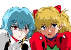 Rule 34 | 2girls, absurdres, ayanami rei, blue eyes, bodysuit, brown hair, expressionless, eywy4324, hair between eyes, hair ornament, highres, long hair, looking at viewer, multiple girls, neon genesis evangelion, pilot suit, plugsuit, red bodysuit, red eyes, shiny clothes, short hair, simple background, skin tight, smile, souryuu asuka langley, two side up, upper body, very long hair, white bodysuit, wide hips
