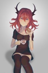 Rule 34 | 1girl, absurd fox, absurdres, alternate costume, arknights, bare shoulders, black dress, black thighhighs, breasts, cleavage, collarbone, commentary, cup, doughnut, dress, feet out of frame, food, grey background, hair between eyes, hair intakes, hand up, highres, holding, holding cup, holding food, horns, huge filesize, long hair, looking at viewer, off-shoulder dress, off shoulder, purple eyes, red hair, shadow, short sleeves, simple background, sitting, small breasts, solo, surtr (arknights), thighhighs, zettai ryouiki