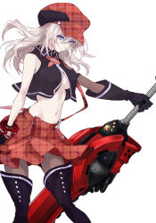 Rule 34 | 1girl, alisa ilinichina amiella, bare shoulders, black footwear, black gloves, blue eyes, boots, breasts, cabbie hat, closed mouth, commentary, cowboy shot, elbow gloves, fingerless gloves, gloves, god eater, hat, highres, holding, holding weapon, huge weapon, long hair, midriff, navel, pantyhose, plaid, plaid skirt, pleated skirt, shirt, silver hair, skirt, sleeveless, sleeveless shirt, solo, stomach, suspender skirt, suspenders, tarutaru yamaoka, thigh boots, thighhighs, underboob, weapon