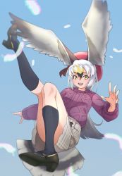 Rule 34 | 1girl, :d, alternate costume, beret, bird tail, bird wings, black-tailed gull (kemono friends), black footwear, black socks, commentary, feathers, floating, full body, gradient hair, grey hair, hair between eyes, hat, head wings, highres, kemono friends, leg up, long sleeves, looking at viewer, multicolored hair, open mouth, purple sweater, red hat, shoes, skirt, smile, socks, solo, sweater, tail, tanabe (fueisei), white hair, wings, yellow eyes