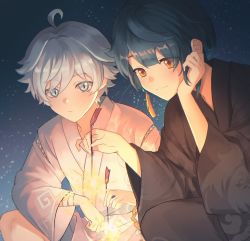 Rule 34 | 2boys, ahoge, alternate costume, ari (bleum), asymmetrical hair, bandaged arm, bandages, black kimono, blue eyes, blue hair, blush, chongyun (genshin impact), closed mouth, commentary request, earrings, fireworks, genshin impact, hair between eyes, hand up, head rest, holding, holding fireworks, japanese clothes, jewelry, kimono, long sleeves, looking at viewer, looking away, male focus, multiple boys, night, night sky, outdoors, short hair, sidelocks, single earring, sky, smile, sparkler, star (sky), starry sky, tassel, tassel earrings, white kimono, wide sleeves, xingqiu (genshin impact), yellow eyes