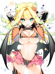 Rule 34 | 1girl, aqua eyes, arms behind head, bad id, bad pixiv id, bat wings, bikini, bikini in mouth, blonde hair, breasts, cherrypin, cleavage, clothes in mouth, hair ornament, heart, junketsu duelion, large breasts, long hair, looking at viewer, maquia poisson, mouth hold, navel, official art, side-tie bikini bottom, simple background, solo, striped bikini, striped clothes, striped thighhighs, swimsuit, thighhighs, vertical-striped bikini, vertical-striped clothes, vertical-striped thighhighs, white background, wings