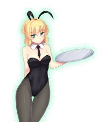 Rule 34 | 1girl, alternate costume, animal ears, arm behind back, bare shoulders, black pantyhose, blonde hair, blush, breasts, cleavage, detached collar, fake animal ears, female focus, green eyes, isaki (gomi), large breasts, leotard, looking at viewer, mizuhashi parsee, necktie, pantyhose, playboy bunny, pointy ears, rabbit ears, short hair, simple background, solo, thigh gap, touhou, tray, white background, wrist cuffs