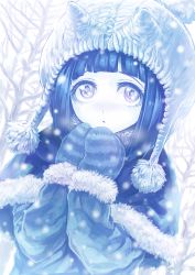 Rule 34 | 1girl, :o, bare tree, blue capelet, blue coat, blue hair, blue mittens, blue theme, capelet, coat, covered horns, fur-trimmed capelet, fur trim, guchico, hands up, highres, horns, long sleeves, looking at viewer, mittens, oni, original, pale skin, parted lips, snow, solo, tree, upper body, winter clothes, winter coat