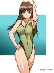 Rule 34 | 10s, 1girl, brown eyes, brown hair, competition swimsuit, gradient background, highleg, highleg swimsuit, highres, kagemusha, kantai collection, long hair, one-piece swimsuit, ooi (kancolle), solo, standing, swimsuit, towel