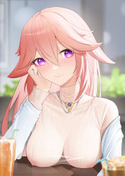 Rule 34 | 1girl, blush, breast rest, breasts, breasts on table, cardigan, casual, cup, dating, drinking glass, drinking straw, exhibitionism, genshin impact, hair between eyes, hand on own face, highres, jewelry, juice, large breasts, long hair, long sleeves, looking at viewer, necklace, nipples, no bra, off shoulder, orange juice, pink hair, pink sweater, public indecency, purple eyes, see-through, see-through shirt, smile, solo, sweater, sye-, turtleneck, turtleneck sweater, upper body, white cardigan, yae miko
