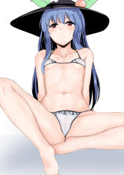 Rule 34 | 1girl, arms behind back, bikini, blue hair, blush, breasts, cameltoe, closed mouth, collarbone, covered erect nipples, embarrassed, eyebrows, feet, hat, hinanawi tenshi, leaning back, long hair, looking at viewer, momo retasu, navel, nipples, pussy, red eyes, see-through, side-tie bikini bottom, sitting, small breasts, solo, spread legs, stomach, swimsuit, thighs, touhou, white bikini, witch hat