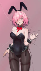 Rule 34 | 1girl, absurdres, animal ears, arm up, bare shoulders, black leotard, black pantyhose, bow, bowtie, breasts, chinese commentary, cleavage, crack, cracked wall, fake animal ears, fang, fate/grand order, fate (series), feet out of frame, hair between eyes, hair over one eye, highres, jewelry, leotard, light smile, looking at viewer, mash kyrielight, medium breasts, medium hair, ok sign, open mouth, pantyhose, parted lips, pink background, pink eyes, pink hair, playboy bunny, rabbit ears, red bow, red bowtie, regenerate-x, ring, solo, standing, thighband pantyhose, thighs