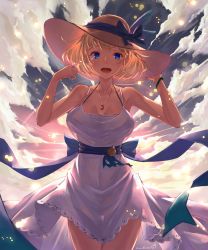 Rule 34 | 1girl, :d, blonde hair, blue eyes, blush, breasts, cloud, dress, etrian odyssey, hand on headwear, hat, hat ribbon, highres, jewelry, large breasts, looking at viewer, open mouth, original, pendant, phalanx (sekaiju), ribbon, sekaiju no meikyuu, sekaiju no meikyuu 3, short hair, sky, smile, solo, sun hat, sundress, takamine nadare, white dress