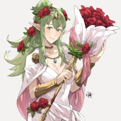 Rule 34 | 1girl, alternate costume, blush, breasts, cleavage, close-up, closed mouth, dress, fire emblem, fire emblem awakening, fire emblem heroes, flower, gift, green eyes, green hair, hair ornament, happy valentine, holding, long hair, looking at viewer, nintendo, pointy ears, ponytail, portrait, red flower, red rose, ribbon, rose, sakuremi, simple background, smile, solo, tiki (adult) (fire emblem), tiki (fire emblem), upper body, valentine, white background