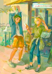 Rule 34 | 2boys, alternate costume, arms up, blonde hair, brown eyes, commentary request, creatures (company), day, denim, ear piercing, eye contact, flower, game freak, gladion (pokemon), green eyes, green hair, grin, hat, hau (pokemon), highres, holding, jacket, jeans, jewelry, knees, looking at another, male focus, multiple boys, necklace, nintendo, open clothes, open jacket, outdoors, palm tree, pants, piercing, pokemon, pokemon sm, s67569077, shirt, shoes, short ponytail, shorts, smile, sneakers, standing, teeth, tree
