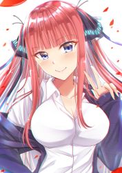 Rule 34 | 1girl, absurdres, black cardigan, blouse, blue eyes, blunt bangs, blush, breasts, cardigan, cleavage, clothes down, collarbone, collared shirt, dress shirt, floating hair, go-toubun no hanayome, gu li, hair ornament, head tilt, highres, large breasts, long hair, nakano nino, open cardigan, open clothes, petals, red hair, shirt, smile, solo, unmoving pattern, upper body, w, white shirt