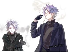 Rule 34 | 1boy, absurdres, aizawahinoki, black coat, black gloves, black pants, black sweater, chinese commentary, cigarette, closed mouth, coat, commentary request, earrings, gloves, highres, holding, holding cigarette, jewelry, long sleeves, male focus, multiple views, open clothes, open coat, pants, purple hair, red eyes, saibou shinkyoku, short hair, smile, smoke, sweater, theodore riddle, turtleneck, turtleneck sweater