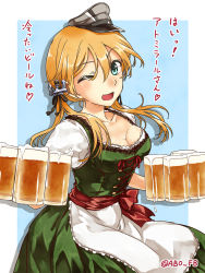 Rule 34 | 10s, 1girl, abo (hechouchou), alcohol, alternate costume, beer, blonde hair, blue eyes, breasts, cleavage, dirndl, female focus, german clothes, hair ornament, hat, highres, kantai collection, large breasts, long hair, looking at viewer, oktoberfest, one eye closed, open mouth, peaked cap, prinz eugen (kancolle), simple background, solo, traditional clothes, translated, twintails