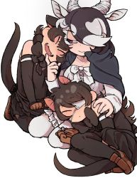 Rule 34 | 3girls, antelope ears, antelope horns, australian devil (kemono friends), bad id, bad twitter id, bare shoulders, black bow, black cape, black hair, black legwear, black neckwear, black shirt, black skirt, blackbuck (kemono friends), blouse, bow, bowtie, brown footwear, brown gloves, cape, commentary request, curled up, detached sleeves, extra ears, eyepatch, closed eyes, fangs, gloves, hair over one eye, hand on another&#039;s chin, hand on another&#039;s shoulder, head on another&#039;s shoulder, head tilt, highres, horns, igarashi (nogiheta), kemono friends, loafers, long hair, long sleeves, looking at another, medical eyepatch, multicolored hair, multiple girls, open mouth, pantyhose, pleated skirt, red eyes, seiza, shirt, shoes, short hair, sitting, skirt, sleeping, sleeping on person, sleeveless, smile, stroking another&#039;s chin, tasmanian devil (kemono friends), tasmanian devil ears, tasmanian devil tail, thighhighs, white hair, white legwear, white shirt, white skirt, zettai ryouiki
