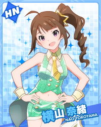 Rule 34 | 10s, 1girl, :d, ahoge, blue background, bracelet, brown hair, character name, cuff links, female focus, hands on own hips, head tilt, idolmaster, idolmaster million live!, jewelry, kawakami tetsuya, looking at viewer, midriff, navel, necktie, official art, open mouth, purple eyes, side ponytail, skirt, smile, solo, wrist cuffs, yokoyama nao