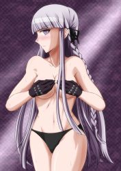 Rule 34 | 1girl, armpits, bare arms, bare legs, black bow, black panties, black ribbon, blush, bow, braid, braided ponytail, breasts, cleavage, closed mouth, collarbone, covering breasts, covering privates, danganronpa: trigger happy havoc, danganronpa (series), ears, eyelashes, female focus, gloves, gradient background, hair bow, hair ribbon, hands on own breasts, hands up, highres, kirigiri kyoko, long hair, looking at viewer, medium breasts, navel, neck, panties, panties only, profile, purple background, purple gloves, purple hair, ribbon, shiny skin, solo, standing, sweat, sweatdrop, thighs together, grid background, topless, underwear