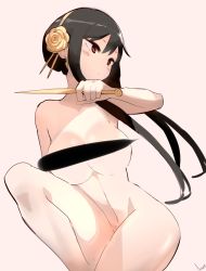Rule 34 | 1girl, absurdres, akisas99, artist name, black hair, breasts, censored, censored nipples, dagger, flower, hair flower, hair ornament, highres, holding, holding weapon, knife, large breasts, looking to the side, nude, paid reward available, parted lips, red eyes, rose, short hair with long locks, sidelocks, simple background, solo, spy x family, weapon, yor briar