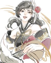 Rule 34 | 1girl, bare shoulders, black hair, brown eyes, flower, furisode, hair flower, hair ornament, halterneck, highres, japanese clothes, kimono, lipstick, long hair, looking at viewer, makeup, mizutame tori, obi, open mouth, ponytail, sachiko (vocaloid), sash, smile, solo, vocaloid, wide sleeves