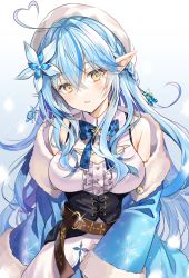 Rule 34 | ahoge, belt, belt buckle, black vest, blue bow, blue flower, blue hair, bow, bowtie, braid, breasts, buckle, coat, cowboy shot, dress, earrings, flower, frills, hair flower, hair ornament, half updo, hat, head tilt, heart, heart ahoge, highres, hololive, jewelry, large breasts, light blush, long hair, looking at viewer, multicolored hair, myusha, off shoulder, parted lips, pointy ears, sidelocks, simple background, sleeveless, sleeveless dress, snowflake print, solo, streaked hair, triangle mouth, vest, virtual youtuber, yellow eyes, yukihana lamy