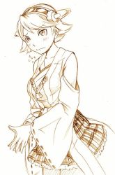 Rule 34 | 10s, 1girl, ahoge, bare shoulders, boots, detached sleeves, double bun, flipped hair, hairband, hiei (kancolle), image sample, japanese clothes, kamizono (spookyhouse), kantai collection, miniskirt, monochrome, nontraditional miko, pleated skirt, ribbon-trimmed sleeves, ribbon trim, short hair, skirt, solo, thigh boots, thighhighs, twitter username, uniform