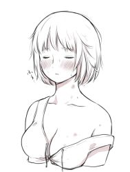 Rule 34 | 1girl, bare shoulders, blush, breasts, cleavage, closed eyes, commentary, dungeon meshi, falin touden, falin touden (tallman), hickey, highres, monochrome, off shoulder, sami (3a3i3a3i), short hair, simple background, sleeveless, solo, sweat, untied, upper body