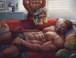 Rule 34 | 2boys, abs, aenaluck, artist name, audec (aenaluck), bara, beard, black male underwear, blonde hair, bouquet, boxer briefs, closed eyes, closed mouth, completely nude, couch, facial hair, flower, holding, holding bouquet, indoors, large pectorals, lying, male focus, male underwear, multiple boys, muscular, muscular male, navel, nipples, nude, on back, on couch, original, pectorals, pillow, red flower, red rose, rose, short hair, sleeping, solo focus, thick thighs, thighs, underwear, yaoi