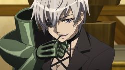 Rule 34 | 10s, 1girl, akame ga kill!, breasts, business suit, cigarette, cleavage, eyepatch, female focus, formal, looking at viewer, single mechanical arm, najenda, purple eyes, screencap, short hair, silver hair, smile, smoke, smug, solo, stitched, suit, teeth, third-party edit, tomboy