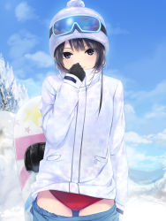Rule 34 | 1girl, arm at side, beanie, black-framed eyewear, black gloves, black hair, blue pants, blue sky, blush, bobblehat, buruma, closed mouth, clothes pull, cloud, coat, coffee-kizoku, cowboy shot, day, gloves, goggles, goggles on headwear, hand to own mouth, hat, highres, legs apart, long sleeves, looking at viewer, medium hair, original, outdoors, pants, pants pull, purple eyes, shiramine rika, sky, smile, snowboard, solo, standing, tsurime, white coat, white hat