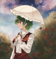 Rule 34 | 1girl, absurdres, artist name, ascot, bad id, bad pixiv id, blue sky, breasts, bush, buttons, closed mouth, cloud, cloudy sky, collar, collared shirt, flower, gradient sky, green hair, hair between eyes, hand up, highres, kazami yuuka, koto (shiberia39), leaf, long sleeves, looking to the side, medium breasts, open clothes, open vest, plaid, plaid skirt, plaid vest, red eyes, red flower, red rose, red skirt, red vest, rose, shirt, short hair, skirt, sky, smile, solo, touhou, umbrella, vest, white shirt, yellow ascot