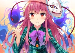 Rule 34 | 1girl, absurdres, aqua shirt, blush, bow, bowtie, circle, clenched hand, e.o., fox mask, gradient background, hand up, hata no kokoro, highres, long hair, long sleeves, looking at viewer, mask, mask on head, orange background, pink hair, plaid, plaid shirt, purple bow, purple bowtie, red eyes, shirt, solo, star (symbol), tassel, touhou, triangle, upper body, very long hair, white background