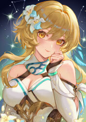 Rule 34 | 1girl, absurdres, bare shoulders, blonde hair, breasts, chinnpou, cleavage, commentary, detached sleeves, flower, genshin impact, hair flower, hair ornament, highres, large breasts, long hair, long sleeves, looking at viewer, lumine (genshin impact), smile, solo, upper body, white flower, yellow eyes