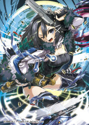 Rule 34 | 1girl, :d, asagiri asagi, belt, black camisole, black eyes, black footwear, black hair, black shorts, blue background, boots, breasts, brown belt, bullet, camisole, cleavage, coat, copyright name, copyright notice, foot out of frame, fur-trimmed coat, fur trim, hair between eyes, hand on own hip, holding, holster, hori airi, jumping, long sleeves, looking at viewer, loose belt, makai wars, medium breasts, multiple belts, nippon ichi, one eye closed, open mouth, ribbed camisole, ribbed sweater, short hair, short shorts, shorts, single vertical stripe, smile, solo, sparkle, sweater, thigh boots, thighhighs, trigger discipline, v-shaped eyebrows, white coat, zettai ryouiki