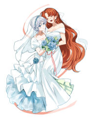 Rule 34 | 2girls, bare shoulders, blue flower, blue rose, bouquet, braid, breasts, bridal veil, bride, cleavage, closed eyes, commentary, dress, female focus, flower, frilled dress, frills, full body, highres, holding, holding bouquet, holding flower, hong meiling, izayoi sakuya, long hair, medium breasts, multiple girls, off-shoulder dress, off shoulder, open mouth, puffy short sleeves, puffy sleeves, red hair, rose, sarukana, short sleeves, simple background, smile, symbol-only commentary, touhou, twin braids, veil, wedding, wedding dress, white background, white dress, white hair, wife and wife, yuri