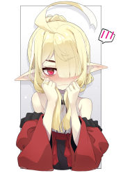 Rule 34 | 1girl, ahoge, bare shoulders, black skirt, blonde hair, blouse, blush, closed mouth, commentary request, cropped torso, detached sleeves, eyes visible through hair, frilled sleeves, frills, glasses, hair over one eye, high-waist skirt, highres, juliet sleeves, long hair, long sleeves, looking at viewer, nose blush, ogami kazuki, original, pointy ears, ponytail, puffy sleeves, red eyes, red sleeves, shirt, skirt, sleeveless, sleeveless shirt, solo, spoken blush, upper body, white background, white shirt, wide sleeves