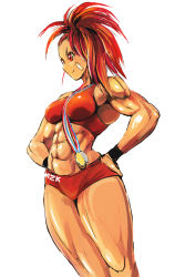 Rule 34 | 1girl, abs, artist request, bandaid, bandaid on face, captain mizuki, medal, muscular, muscular female, one-punch man, open mouth, ponytail, red eyes, red hair, tank top