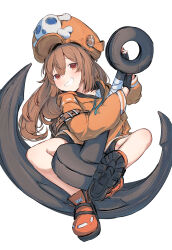 Rule 34 | 1girl, absurdres, anchor, bike shorts, black gloves, brown hair, cabbie hat, commentary, fingerless gloves, gloves, grin, guilty gear, guilty gear strive, hat, hat ornament, highres, holding, holding anchor, hood, hoodie, long hair, long sleeves, looking at viewer, may (guilty gear), mok4suke, orange eyes, orange footwear, orange hat, orange hoodie, skull and crossbones, skull hat ornament, smile