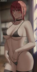 Rule 34 | 1girl, absurdres, artist name, bikini, black bikini, black choker, black thighhighs, blurry, blurry background, blush, braid, braided ponytail, breasts, chainsaw man, choker, cleavage, closed mouth, collarbone, hair between eyes, highleg, highres, indoors, large breasts, light smile, looking at viewer, makima (chainsaw man), micro bikini, oroborus, red hair, ringed eyes, solo, string bikini, swimsuit, thighhighs, window, yellow eyes