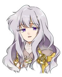 Rule 34 | 1girl, deirdre (fire emblem), dress, fire emblem, fire emblem: genealogy of the holy war, hand on own chest, light purple hair, long hair, looking at viewer, nintendo, open mouth, portrait, purple eyes, simple background, solo, takatou mitsuru, wavy hair, white background