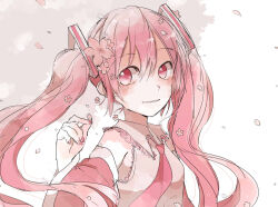 Rule 34 | 1girl, breasts, cherry blossoms, collared shirt, commentary request, detached sleeves, grey background, hair between eyes, hair ornament, hatsune miku, holding, holding petal, light blush, long hair, long sleeves, looking at viewer, nail polish, necktie, parted lips, petals, pink eyes, pink hair, pink nails, pink necktie, pink sleeves, sakura miku, shirt, sleeveless, sleeveless shirt, small breasts, solo, two-tone background, upper body, vocaloid, white background, xxxx saki