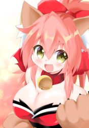 Rule 34 | 1girl, animal ears, animal hands, bare shoulders, bell, blush, breasts, cat paws, cleavage, collar, detached sleeves, fangs, fate/grand order, fate (series), fox ears, gloves, highres, japanese clothes, jingle bell, large breasts, long hair, looking at viewer, neck bell, open mouth, paw gloves, pink hair, solo, souno ruuta, tamamo (fate), tamamo cat (fate), tamamo cat (first ascension) (fate), yellow eyes