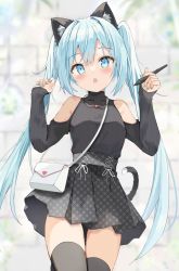 Rule 34 | 1girl, animal ear fluff, animal ears, bag, bare shoulders, black shirt, blue eyes, blue hair, blue nails, blurry, blurry background, breasts, cat ears, cat girl, cat tail, clothing cutout, commentary, depth of field, grey skirt, grey thighhighs, hair between eyes, hands up, heart, highres, holding, holding stylus, long hair, long sleeves, looking at viewer, nail polish, original, parted lips, pleated skirt, saeki sora, shirt, shoulder bag, shoulder cutout, skirt, sleeves past wrists, small breasts, solo, stylus, symbol-only commentary, tail, teeth, thighhighs, twintails, unmoving pattern, upper teeth only, very long hair