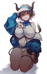 Rule 34 | 1girl, :d, animal ears, arknights, bare shoulders, between breasts, bikini, bikini under clothes, black gloves, blush, breasts, clothes writing, cow ears, cow girl, cow horns, cow tail, fingerless gloves, full body, gloves, hair between eyes, hand on headwear, hand up, hat, highres, horns, kneeling, large breasts, long sleeves, looking at viewer, myumyutain, navel, off shoulder, official alternate costume, open mouth, orange eyes, purple hair, sandals, short hair, shoulder strap, sideroca (arknights), sideroca (light breeze) (arknights), simple background, skindentation, smile, solo, swimsuit, tail, thigh strap, visor cap, white background, white bikini, white footwear, white hat